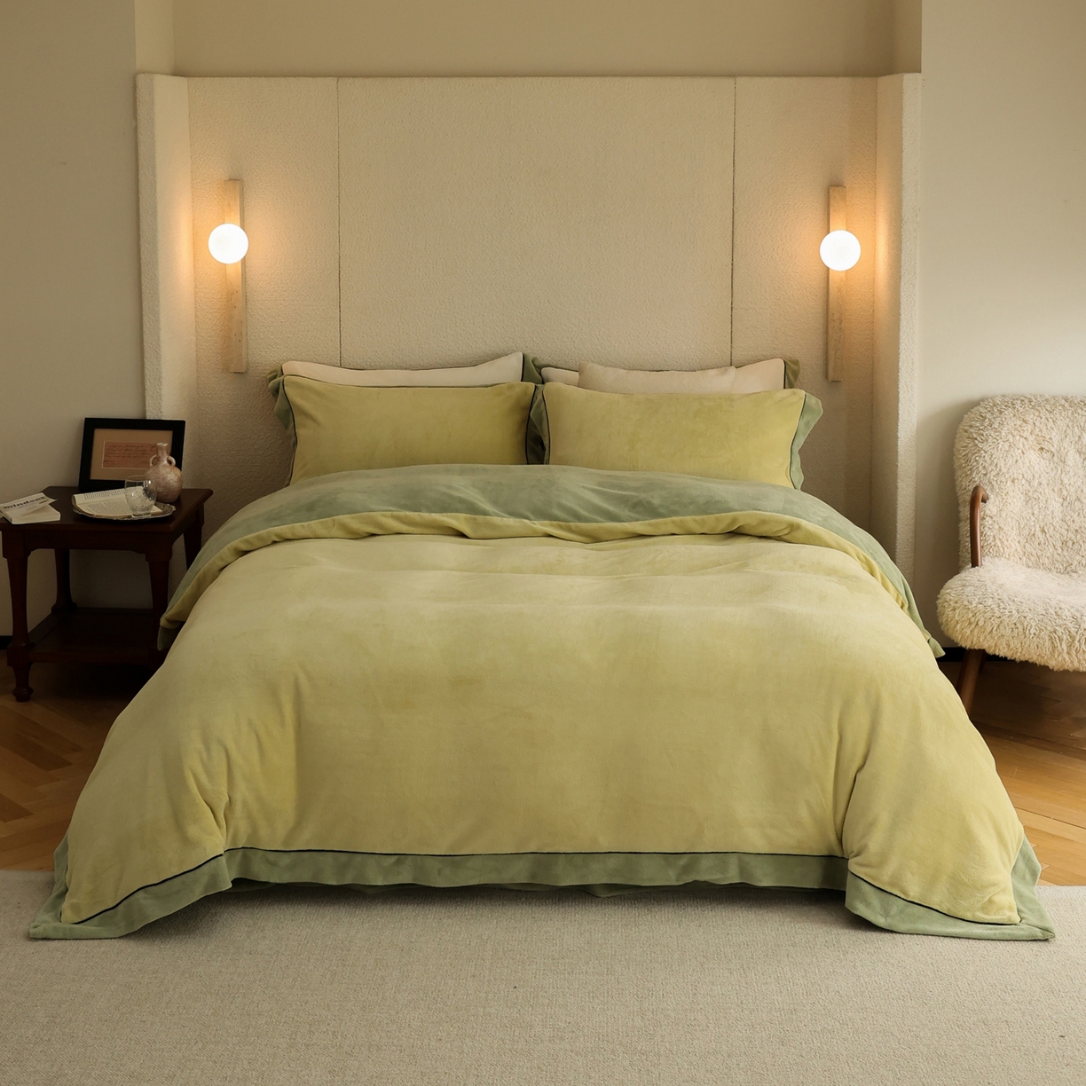 91家纺网 家纺一手货源 找家纺 万盛家纺 2025新款牛奶绒宽边黑麻绳四件套最新图 浅茶绿-抹茶绿