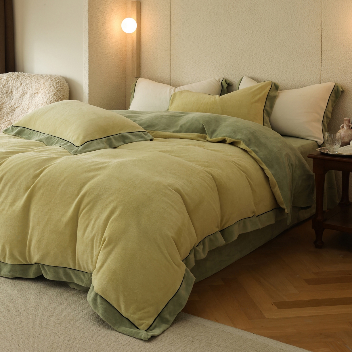 91家纺网 家纺一手货源 找家纺 万盛家纺 2025新款牛奶绒宽边黑麻绳四件套最新图 浅茶绿-抹茶绿