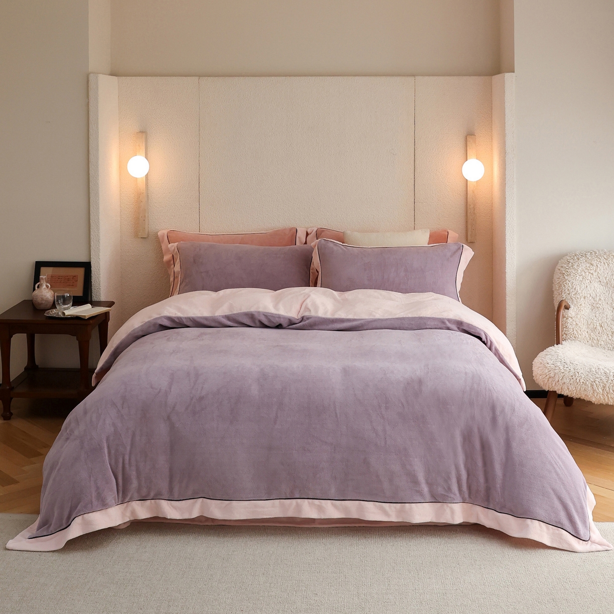 91家纺网 家纺一手货源 找家纺 万盛家纺 2025新款牛奶绒宽边黑麻绳四件套最新图 香芋紫-悠悠粉