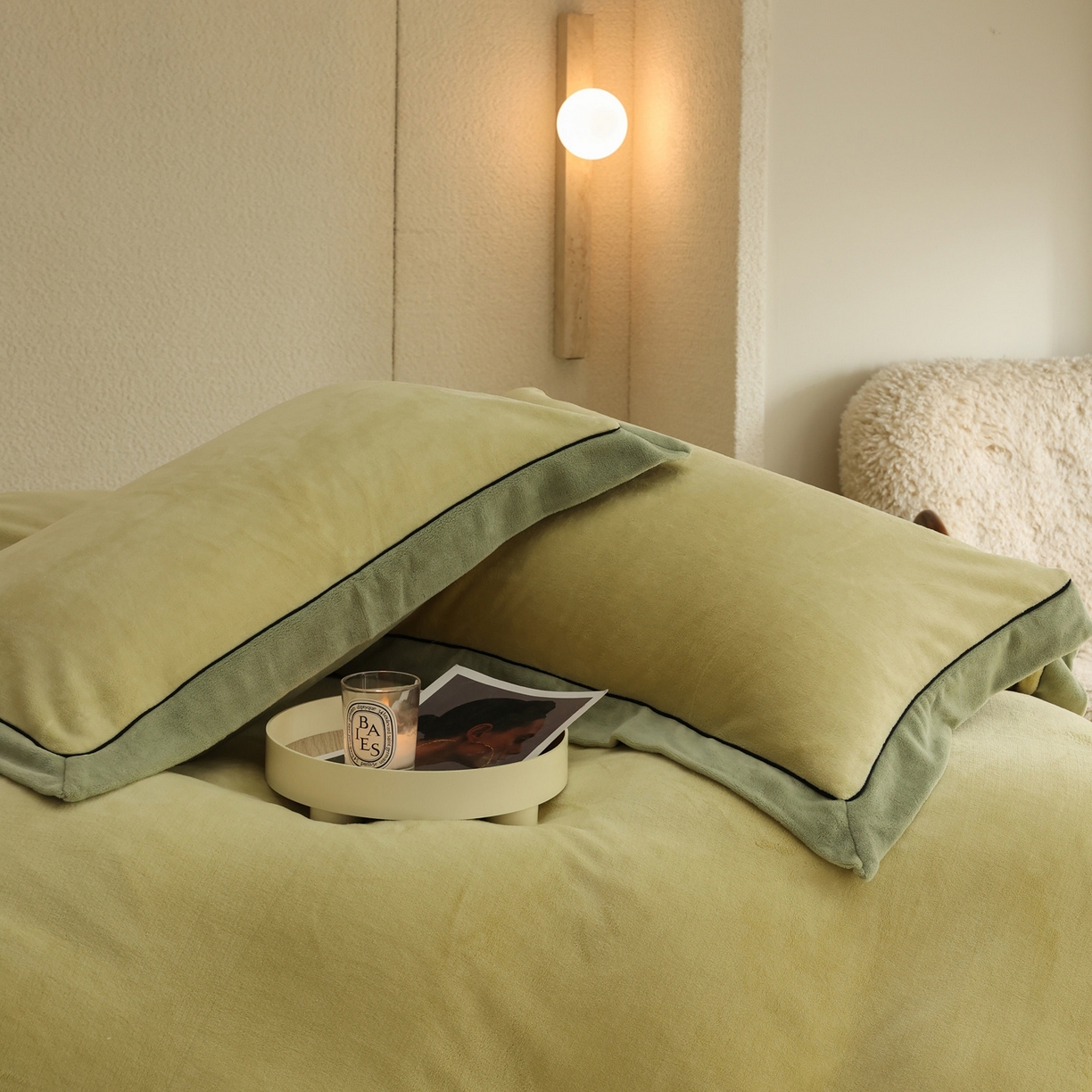 91家纺网 家纺一手货源 找家纺 万盛家纺 2025新款牛奶绒宽边黑麻绳四件套最新图 浅茶绿-抹茶绿