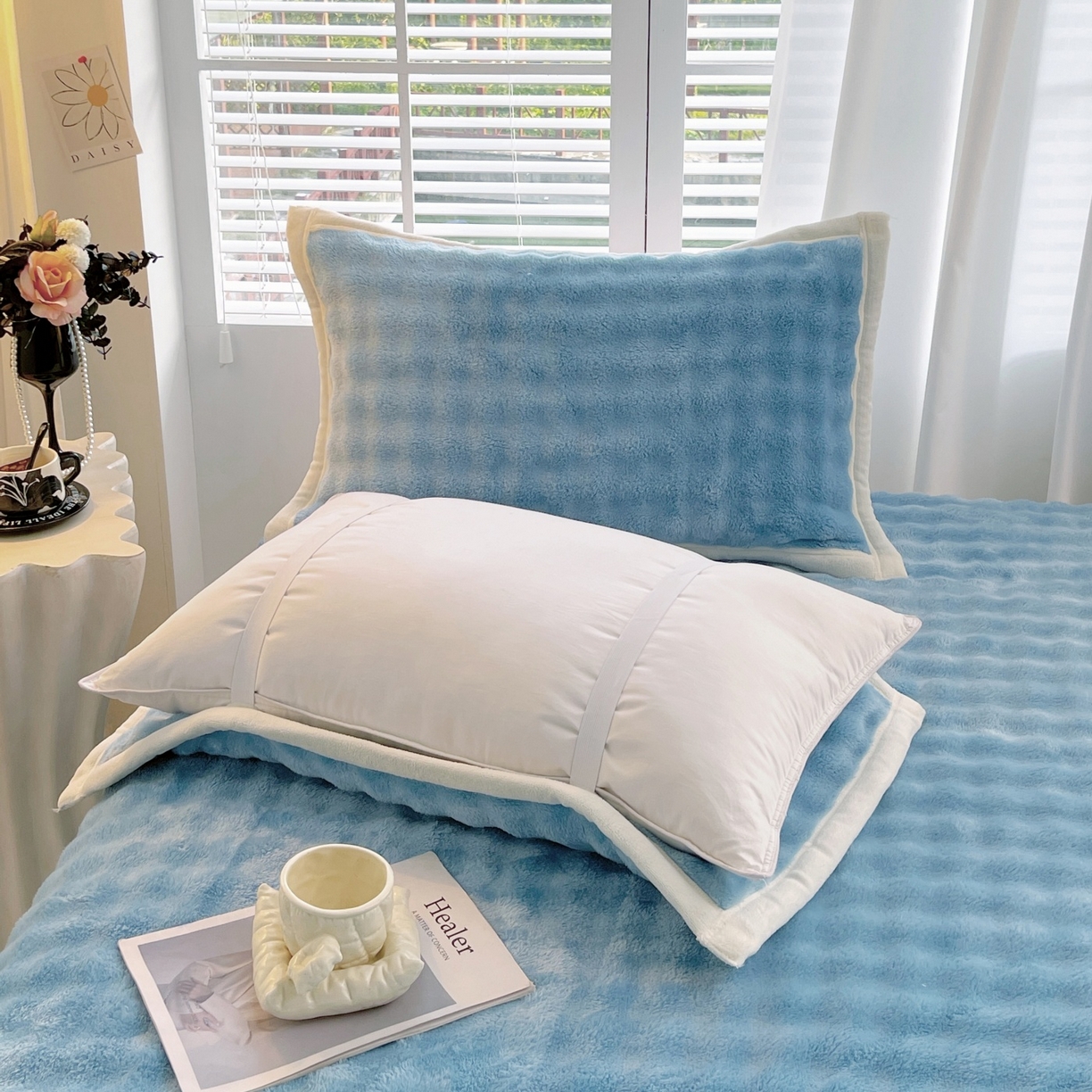 91家纺网 家纺一手货源 找家纺 雨彤家纺 2025新款泡泡牛奶绒单人枕巾 牛奶绒枕巾-天空蓝 50*155cm（适合1.5米枕头）