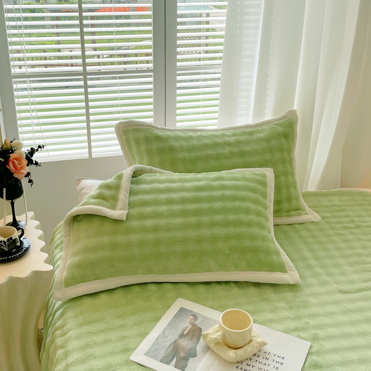 91家纺网 家纺一手货源 找家纺 雨彤家纺 2025新款泡泡牛奶绒单人枕巾 牛奶绒枕巾-抹茶绿 50*185cm（适合1.8米枕头）