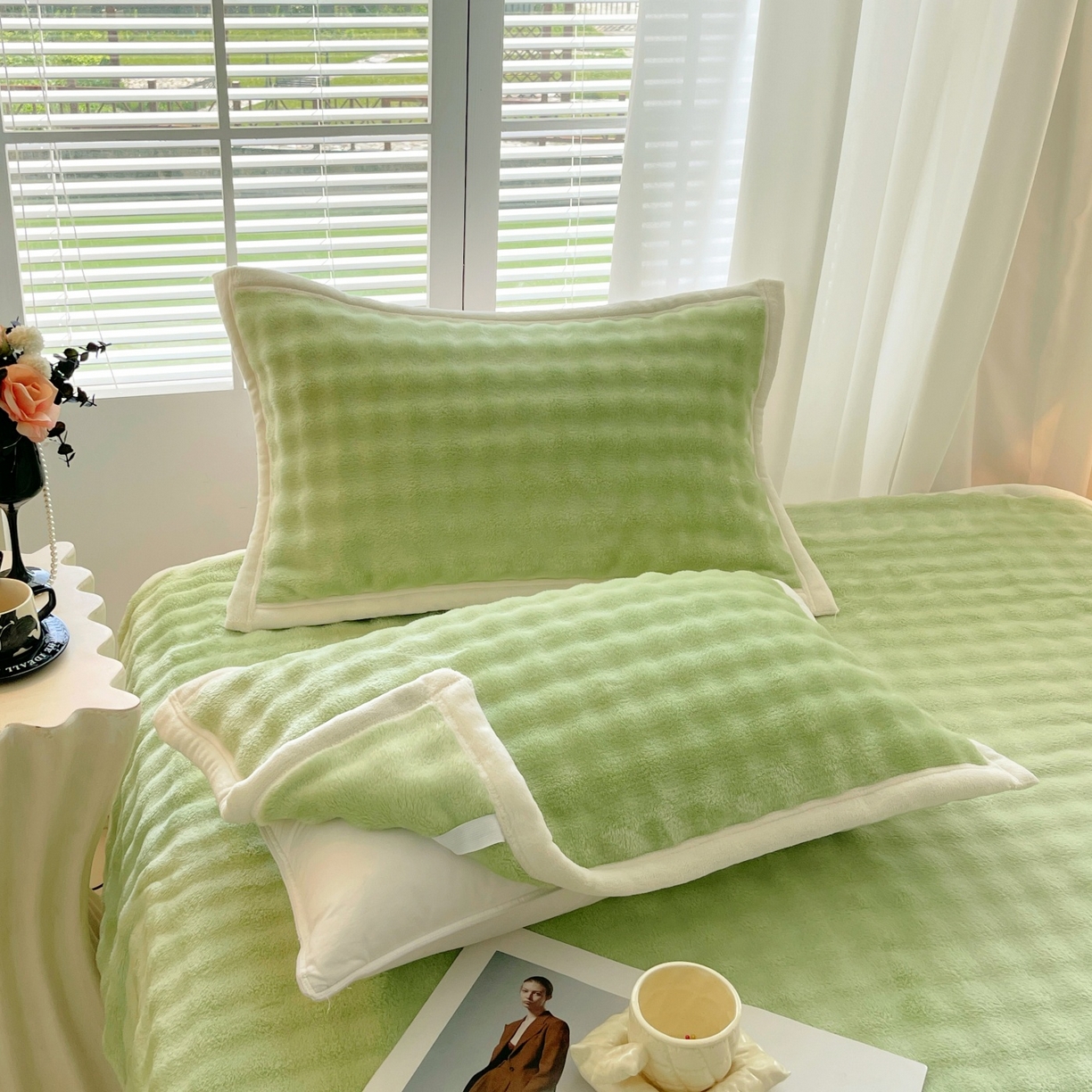 91家纺网 家纺一手货源 找家纺 雨彤家纺 2025新款泡泡牛奶绒单人枕巾 牛奶绒枕巾-抹茶绿 50*80cm（一对）