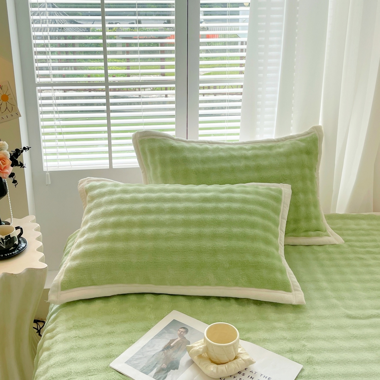 91家纺网 家纺一手货源 找家纺 雨彤家纺 2025新款泡泡牛奶绒单人枕巾 牛奶绒枕巾-抹茶绿 50*80cm（一对）