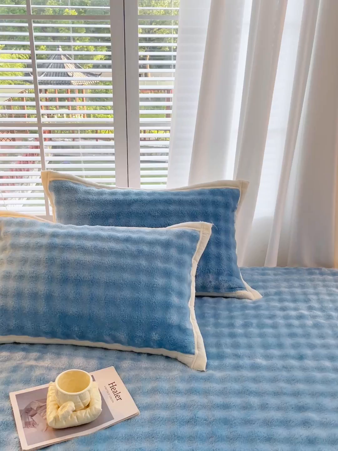 91家纺网 家纺一手货源 找家纺 雨彤家纺 2025新款泡泡牛奶绒单人枕巾 牛奶绒枕巾-天空蓝 50*155cm（适合1.5米枕头）