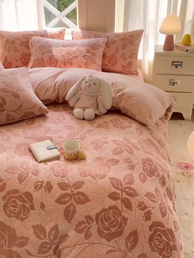 91家纺网 家纺一手货源 找家纺 灰鲸 2025新款立体雕花牛奶绒四件套 爱意-粉