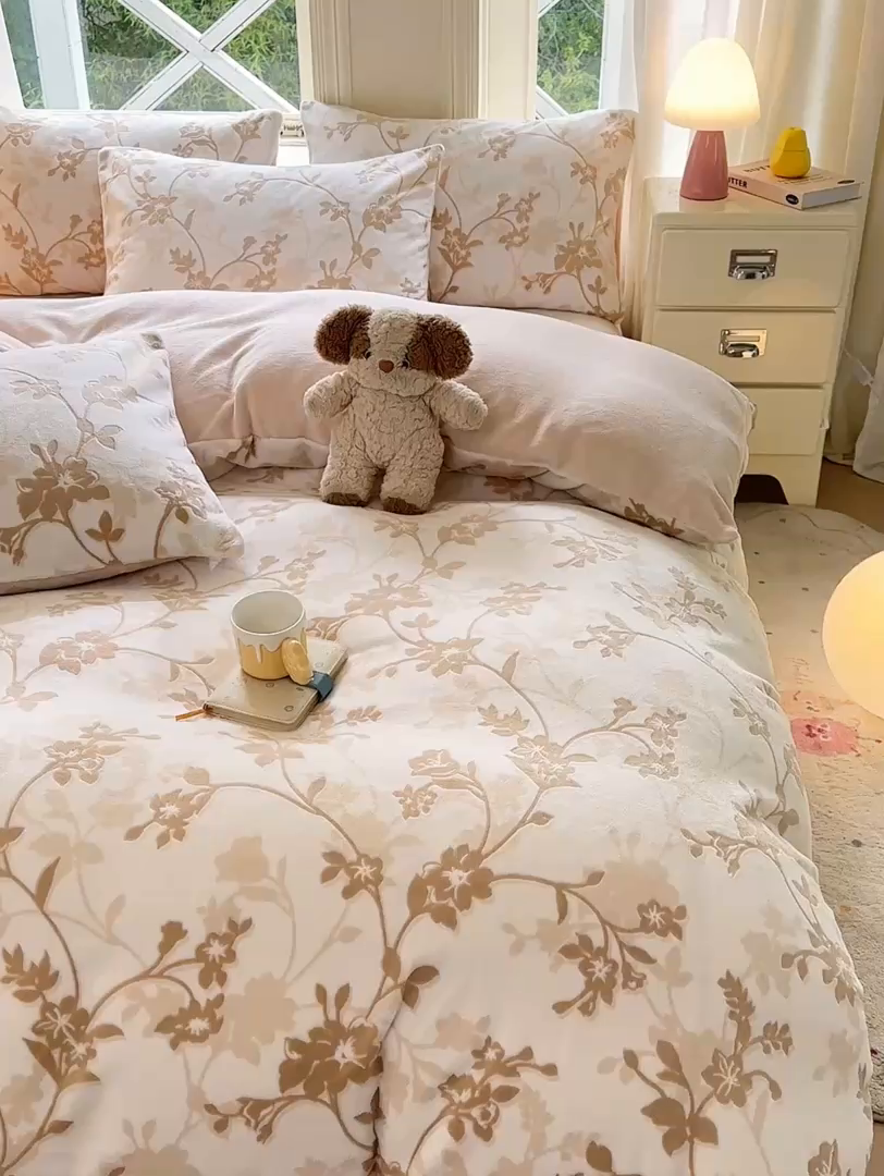 91家纺网 家纺一手货源 找家纺 灰鲸 2025新款立体雕花牛奶绒四件套 繁花-杏