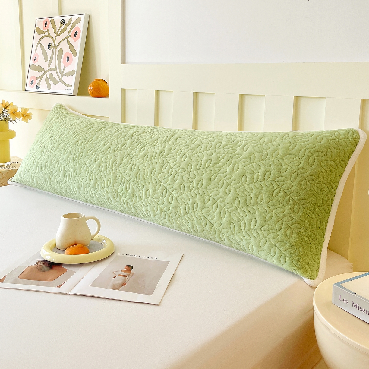 91家纺网 家纺一手货源 找家纺 雨彤家纺 2025新款牛奶绒夹棉包边长枕套 绒包边枕套-嫩绿