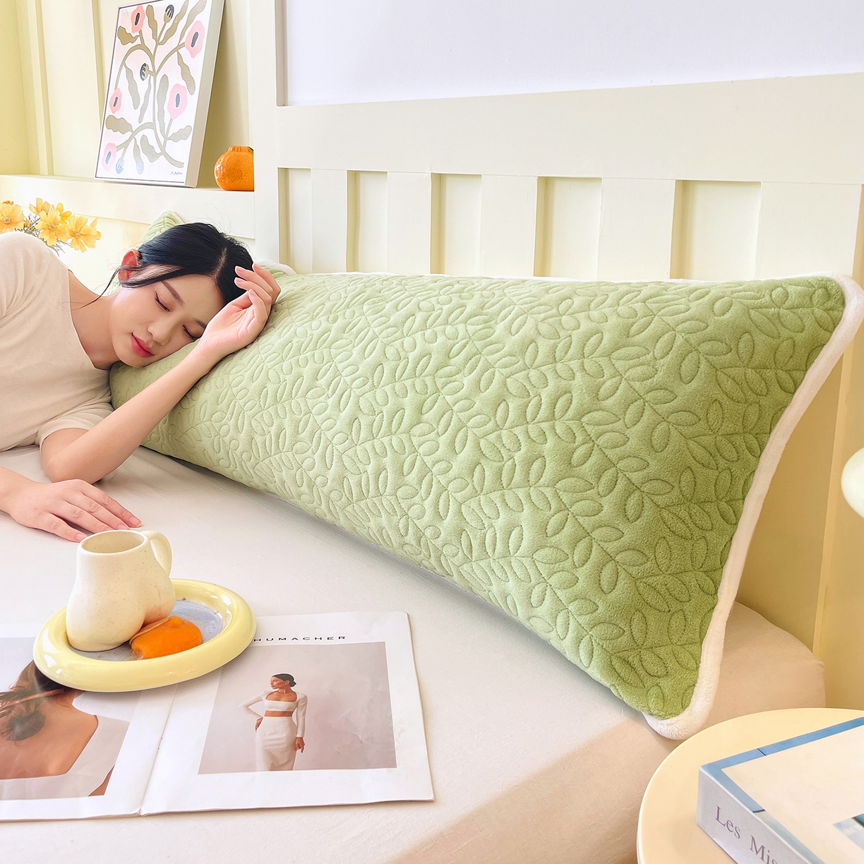 91家纺网 家纺一手货源 找家纺 雨彤家纺 2025新款牛奶绒夹棉包边长枕套 绒包边枕套-嫩绿