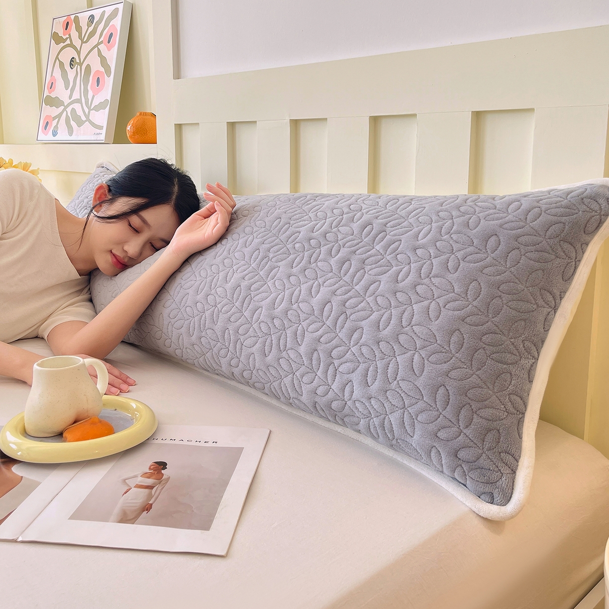 91家纺网 家纺一手货源 找家纺 雨彤家纺 2025新款牛奶绒夹棉包边长枕套 绒包边枕套-银灰