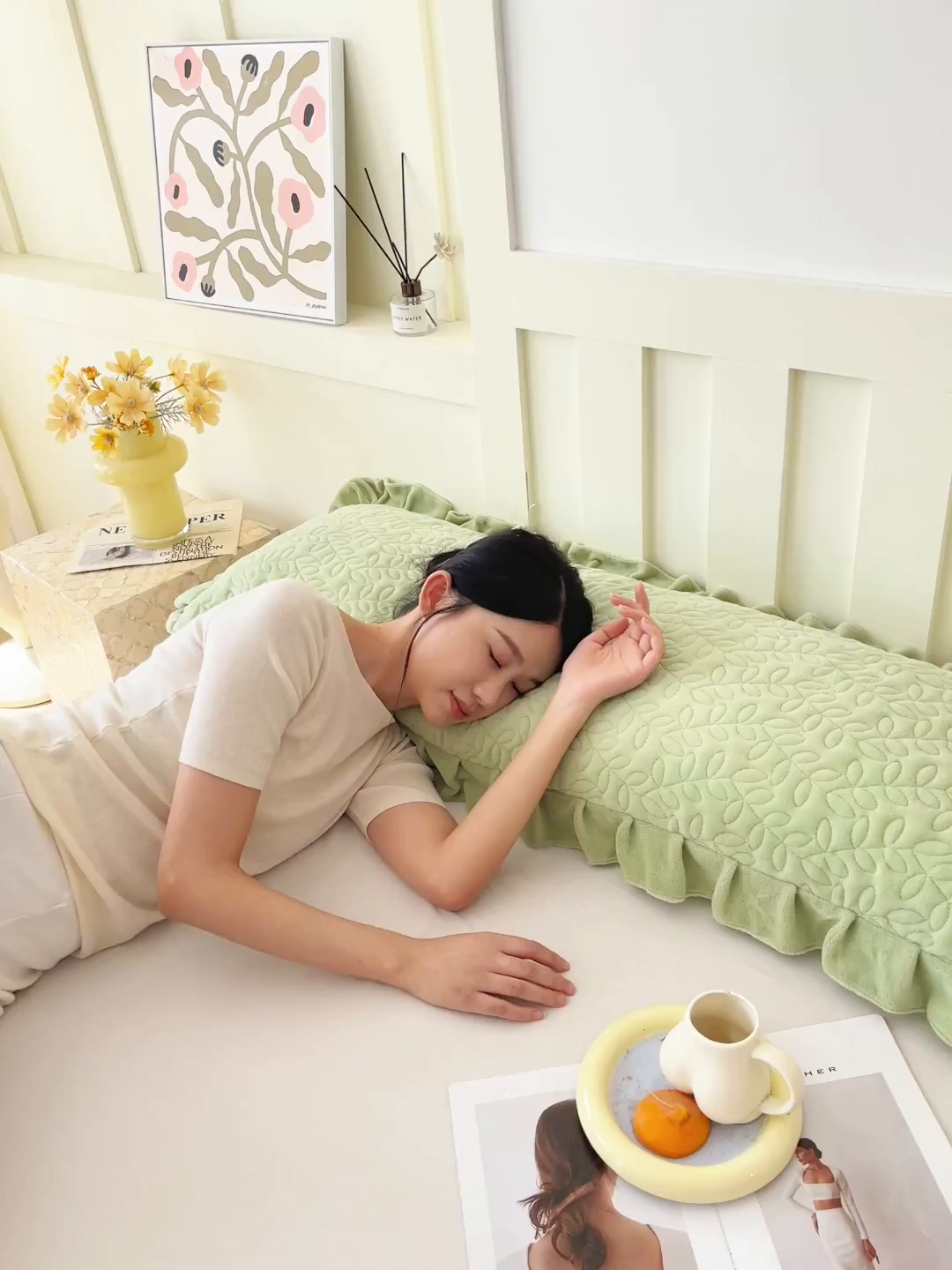 91家纺网 家纺一手货源 找家纺 雨彤家纺 2025新款牛奶绒花边夹棉长枕套 幸运草-嫩绿