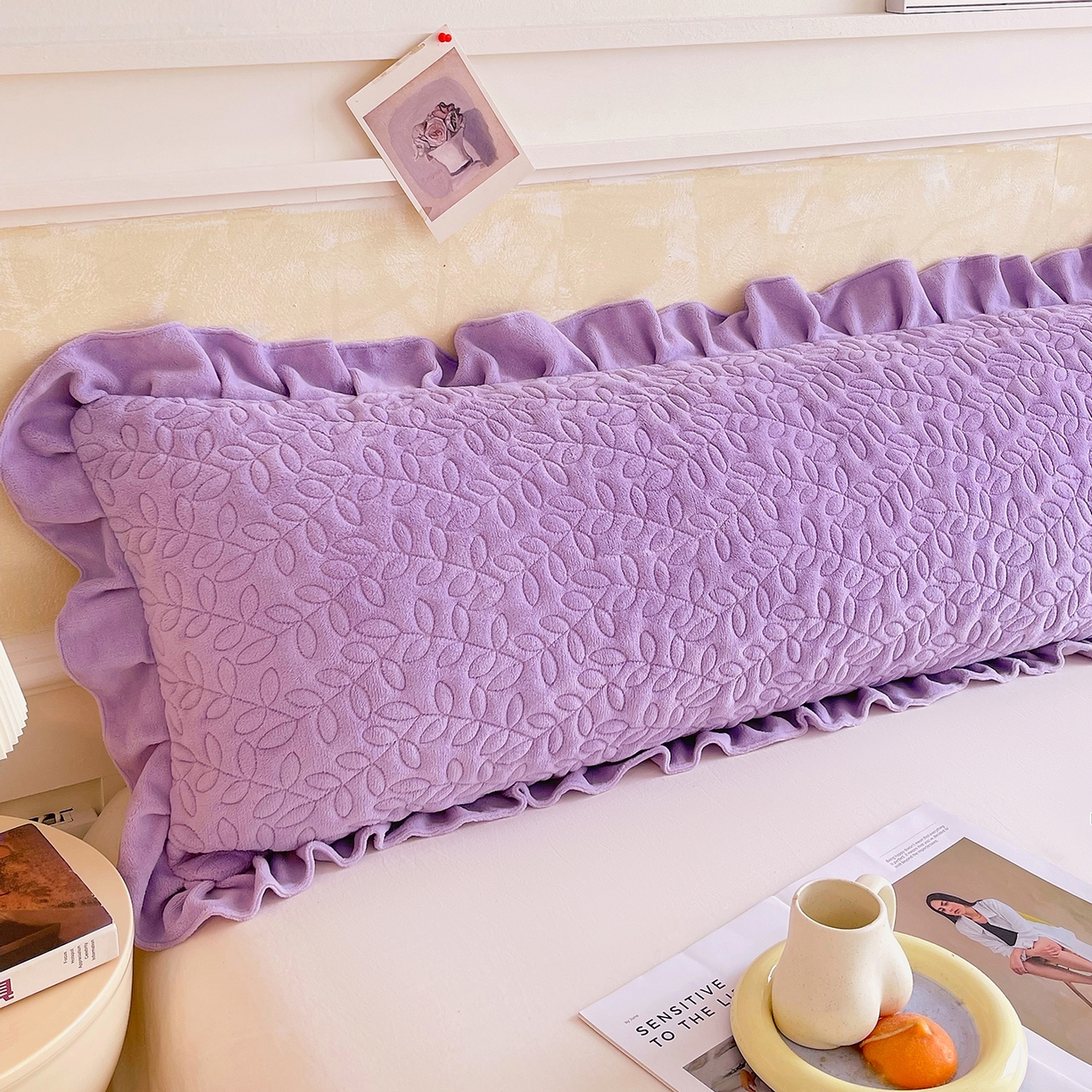 91家纺网 家纺一手货源 找家纺 雨彤家纺 2025新款牛奶绒花边夹棉长枕套 幸运草-香芋紫