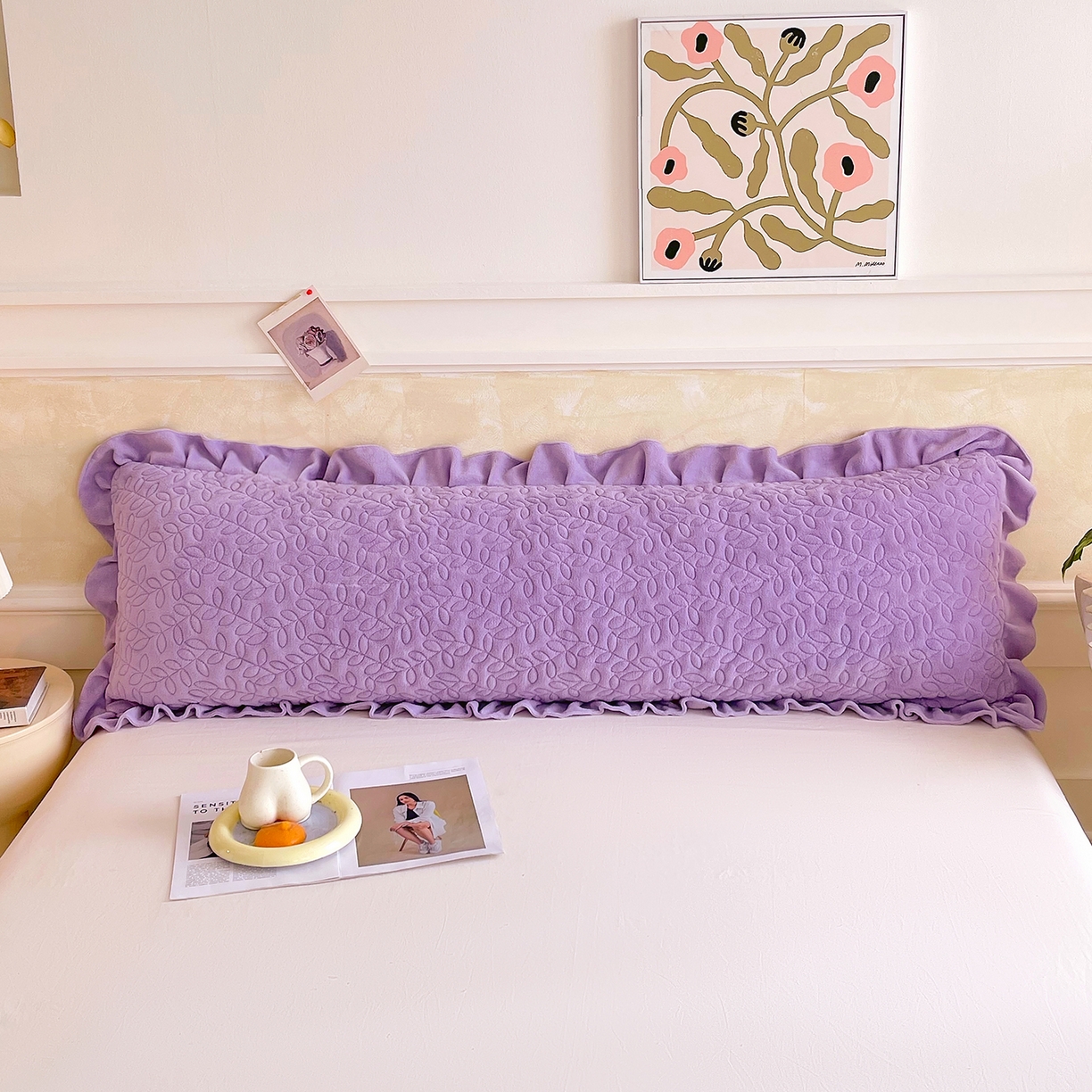 91家纺网 家纺一手货源 找家纺 雨彤家纺 2025新款牛奶绒花边夹棉长枕套 幸运草-香芋紫