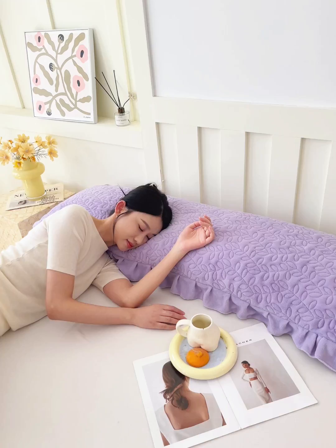 91家纺网 家纺一手货源 找家纺 雨彤家纺 2025新款牛奶绒花边夹棉长枕套 幸运草-香芋紫