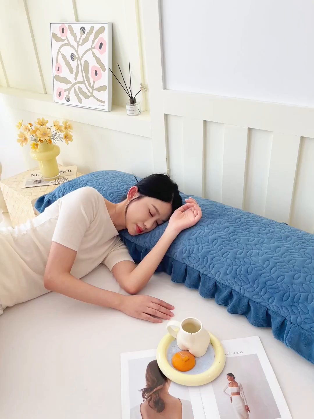 91家纺网 家纺一手货源 找家纺 雨彤家纺 2025新款牛奶绒花边夹棉长枕套 幸运草-雾兰