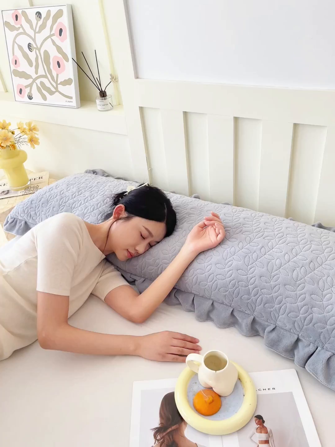 91家纺网 家纺一手货源 找家纺 雨彤家纺 2025新款牛奶绒花边夹棉长枕套 幸运草-银灰