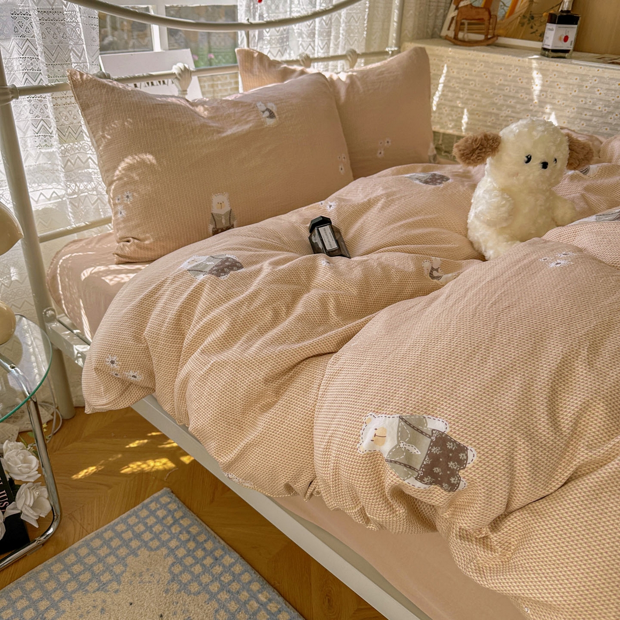 91家纺网 家纺一手货源 找家纺 暖芯优选 2025新款加厚爆款小布袋韩国古法水洗棉床单学生三件套床笠款四件套 爱丽丝