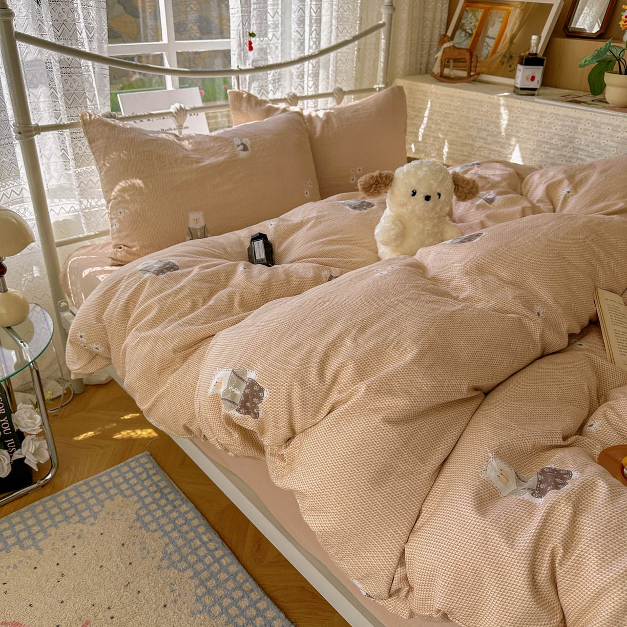 91家纺网 家纺一手货源 找家纺 暖芯优选 2025新款加厚爆款小布袋韩国古法水洗棉床单学生三件套床笠款四件套 爱丽丝