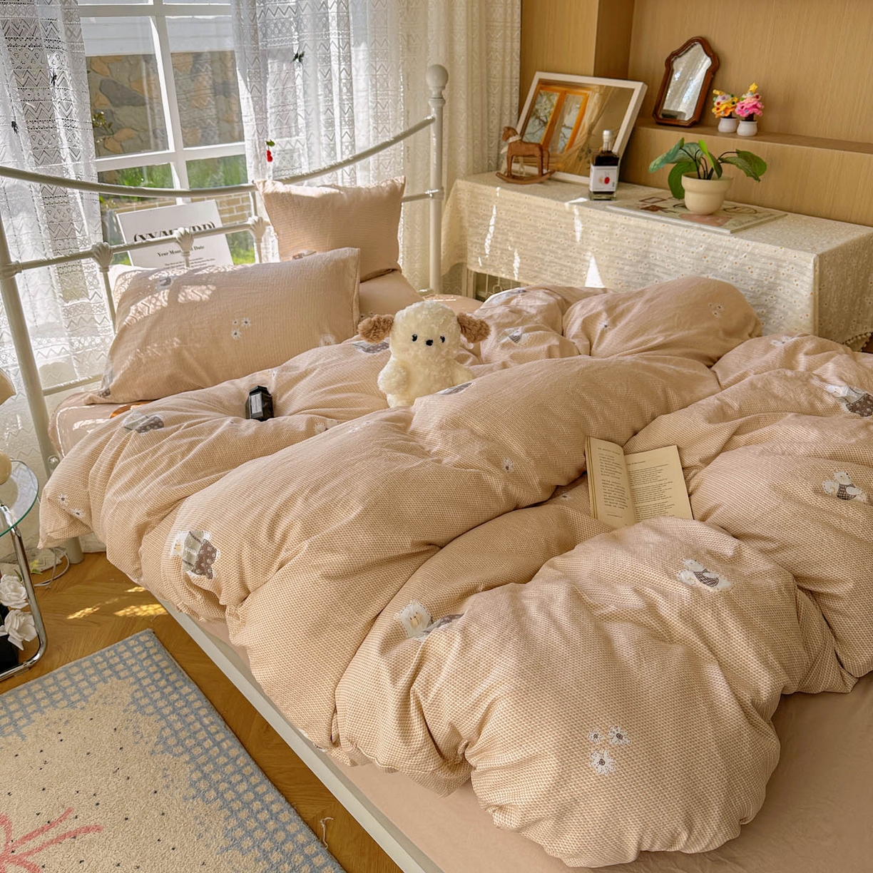 91家纺网 家纺一手货源 找家纺 暖芯优选 2025新款加厚爆款小布袋韩国古法水洗棉床单学生三件套床笠款四件套 爱丽丝