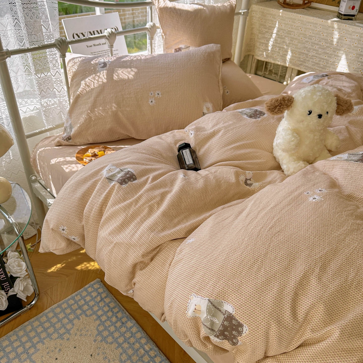 91家纺网 家纺一手货源 找家纺 暖芯优选 2025新款加厚爆款小布袋韩国古法水洗棉床单学生三件套床笠款四件套 爱丽丝