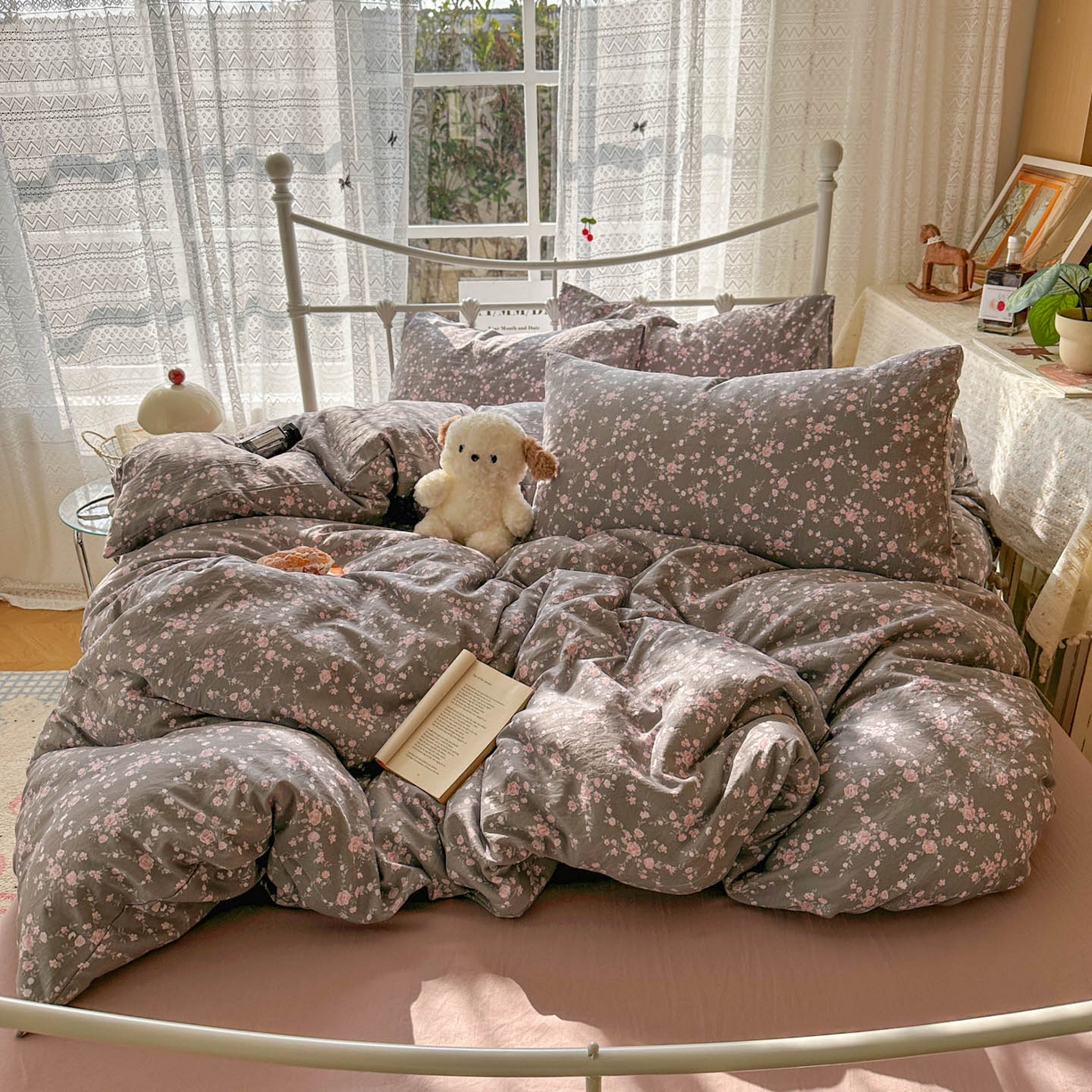 暖芯优选 2025新款加厚爆款小布袋韩国古法水洗棉床单学生三件套床笠款四件套 豆蔻