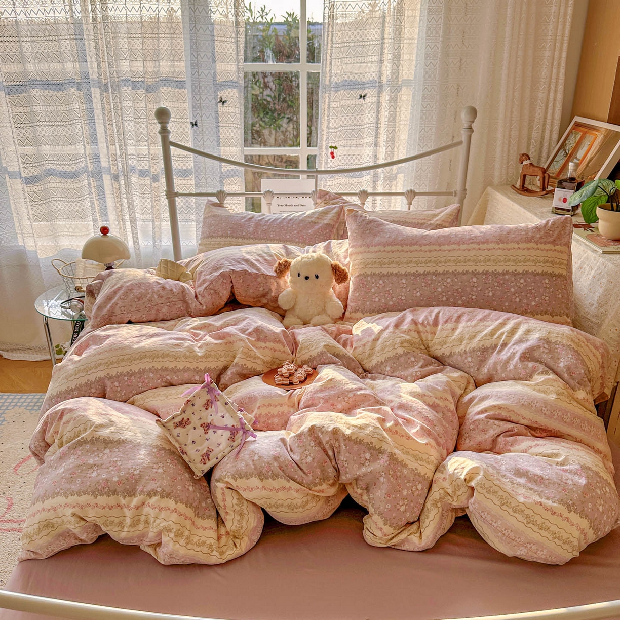 暖芯优选 2025新款加厚爆款小布袋韩国古法水洗棉床单学生三件套床笠款四件套 法式香风