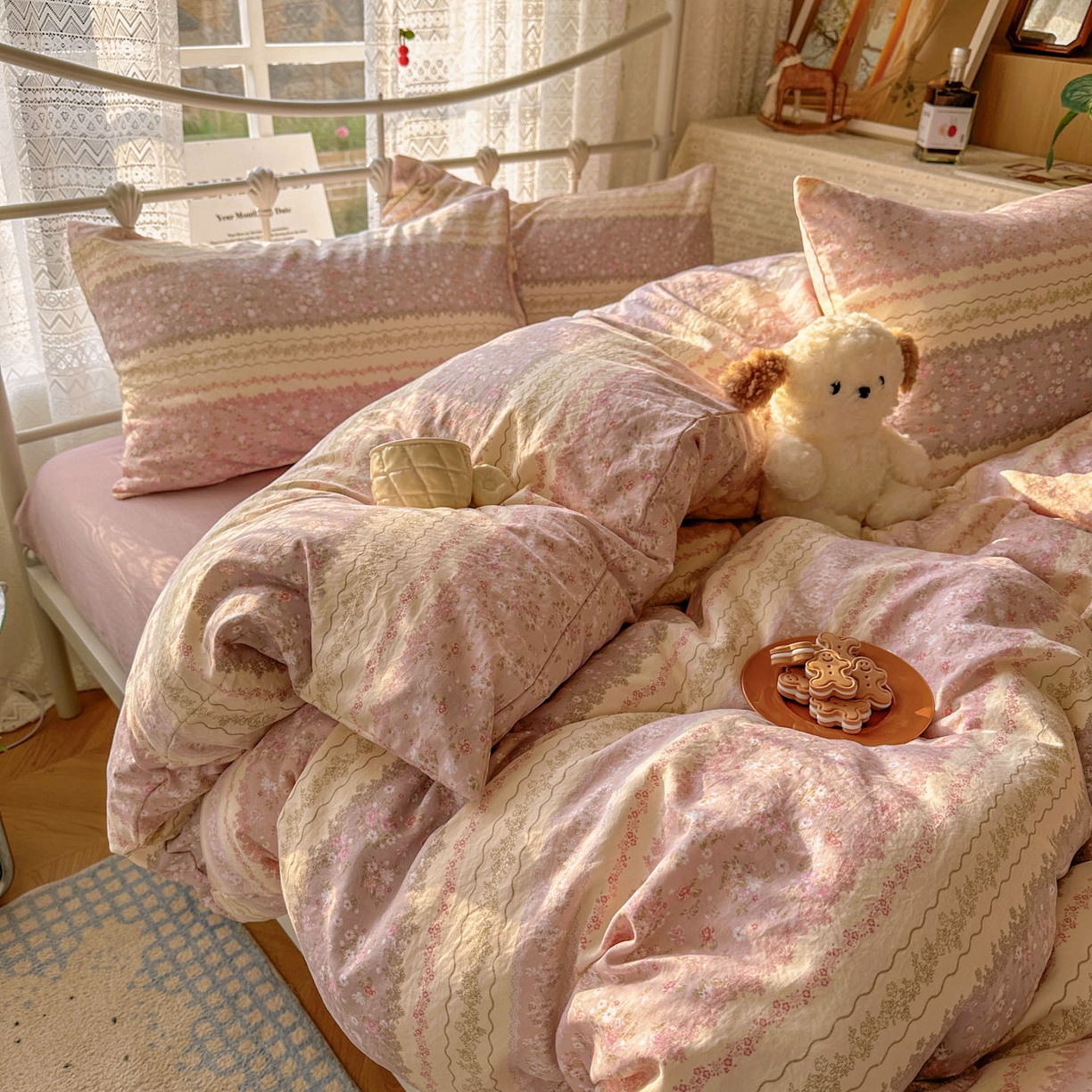 91家纺网 家纺一手货源 找家纺 暖芯优选 2025新款加厚爆款小布袋韩国古法水洗棉床单学生三件套床笠款四件套 法式香风