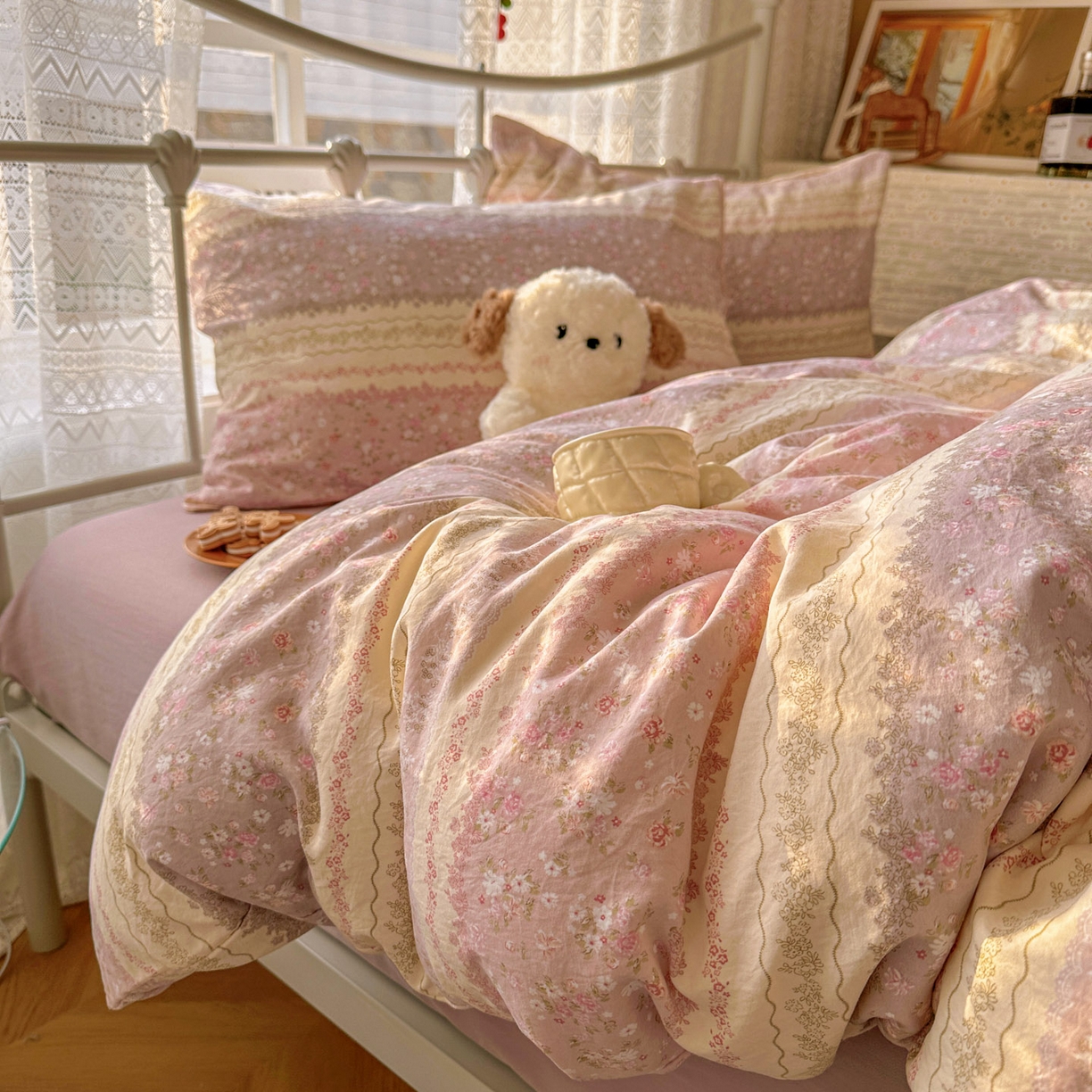 91家纺网 家纺一手货源 找家纺 暖芯优选 2025新款加厚爆款小布袋韩国古法水洗棉床单学生三件套床笠款四件套 法式香风