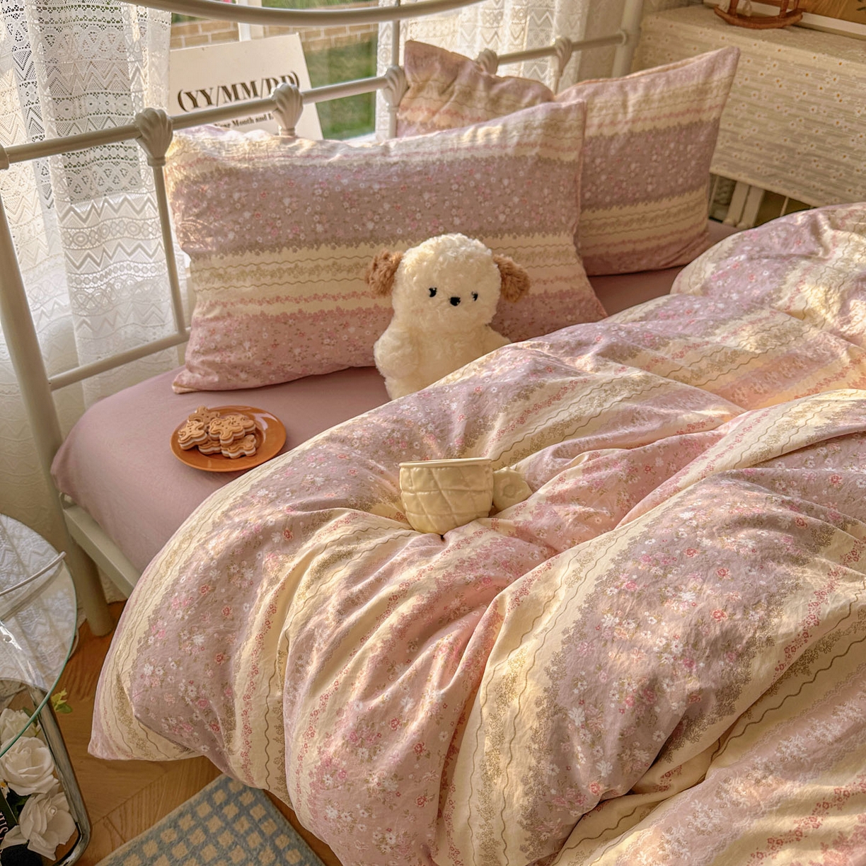 91家纺网 家纺一手货源 找家纺 暖芯优选 2025新款加厚爆款小布袋韩国古法水洗棉床单学生三件套床笠款四件套 法式香风