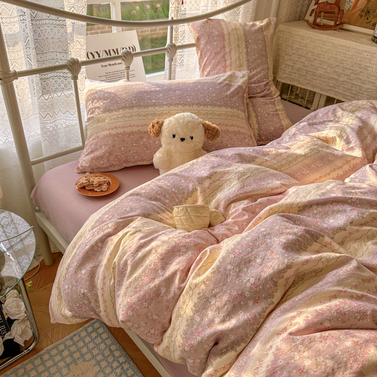 91家纺网 家纺一手货源 找家纺 暖芯优选 2025新款加厚爆款小布袋韩国古法水洗棉床单学生三件套床笠款四件套 法式香风