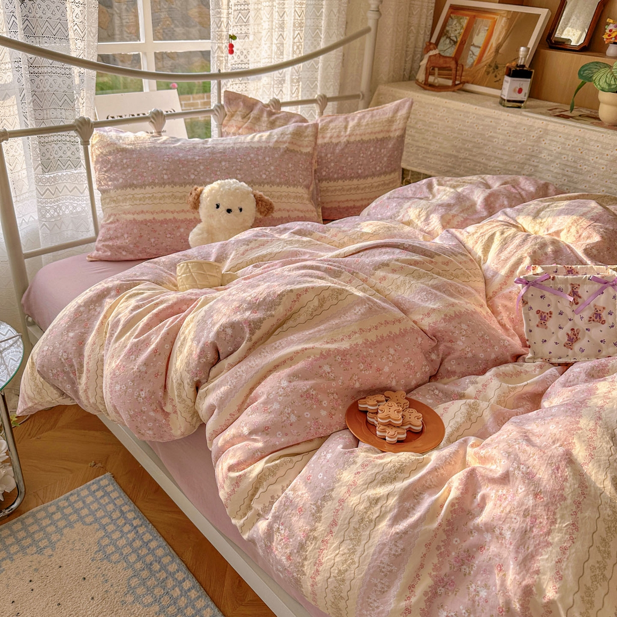 91家纺网 家纺一手货源 找家纺 暖芯优选 2025新款加厚爆款小布袋韩国古法水洗棉床单学生三件套床笠款四件套 法式香风