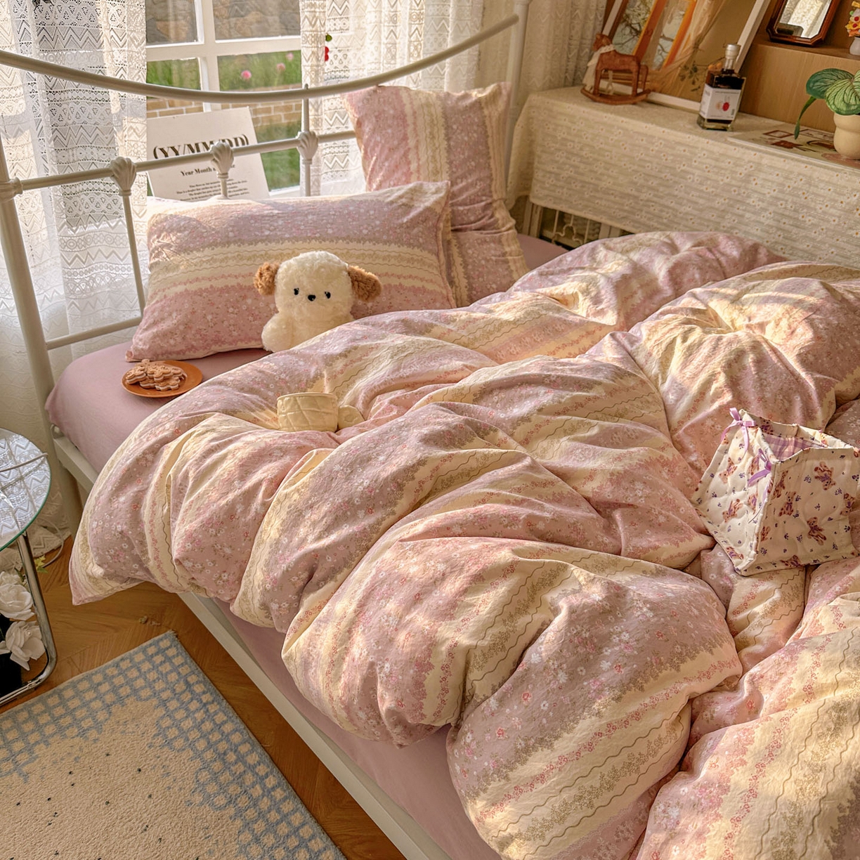 91家纺网 家纺一手货源 找家纺 暖芯优选 2025新款加厚爆款小布袋韩国古法水洗棉床单学生三件套床笠款四件套 法式香风