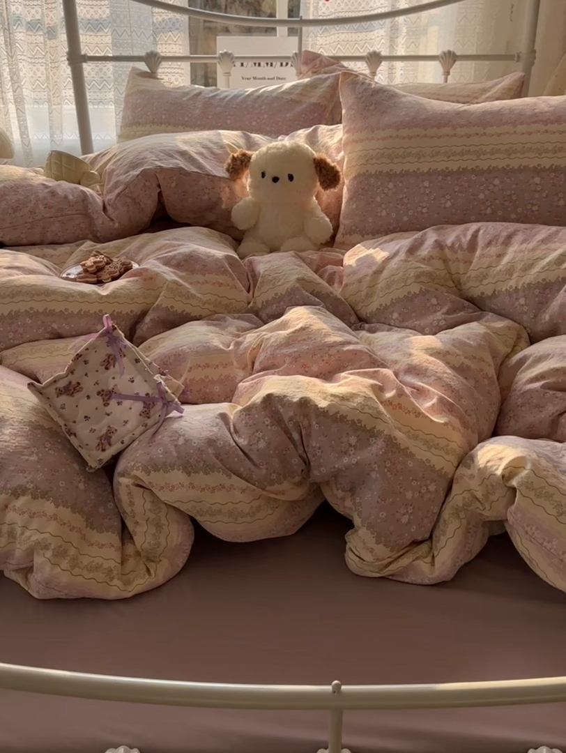 91家纺网 家纺一手货源 找家纺 暖芯优选 2025新款加厚爆款小布袋韩国古法水洗棉床单学生三件套床笠款四件套 法式香风