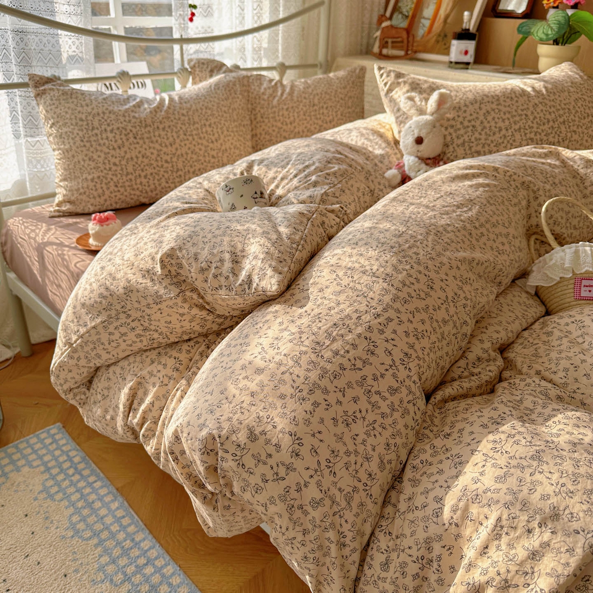 91家纺网 家纺一手货源 找家纺 暖芯优选 2025新款加厚爆款小布袋韩国古法水洗棉床单学生三件套床笠款四件套 赫拉花园