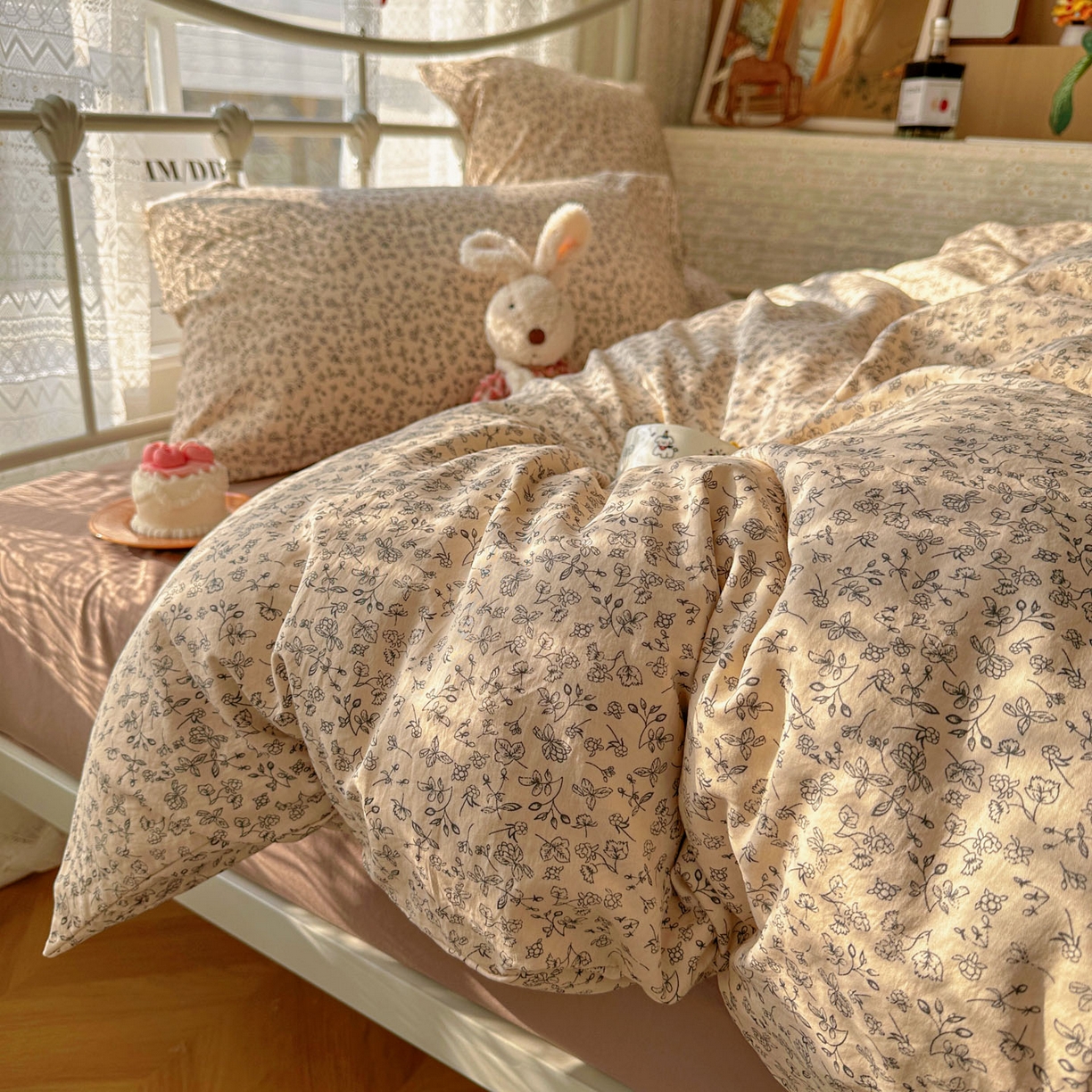 91家纺网 家纺一手货源 找家纺 暖芯优选 2025新款加厚爆款小布袋韩国古法水洗棉床单学生三件套床笠款四件套 赫拉花园