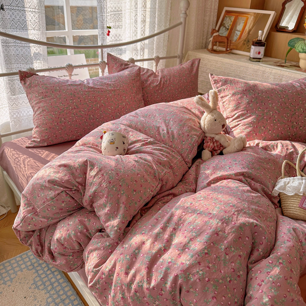 91家纺网 家纺一手货源 找家纺 暖芯优选 2025新款加厚爆款小布袋韩国古法水洗棉床单学生三件套床笠款四件套 红果