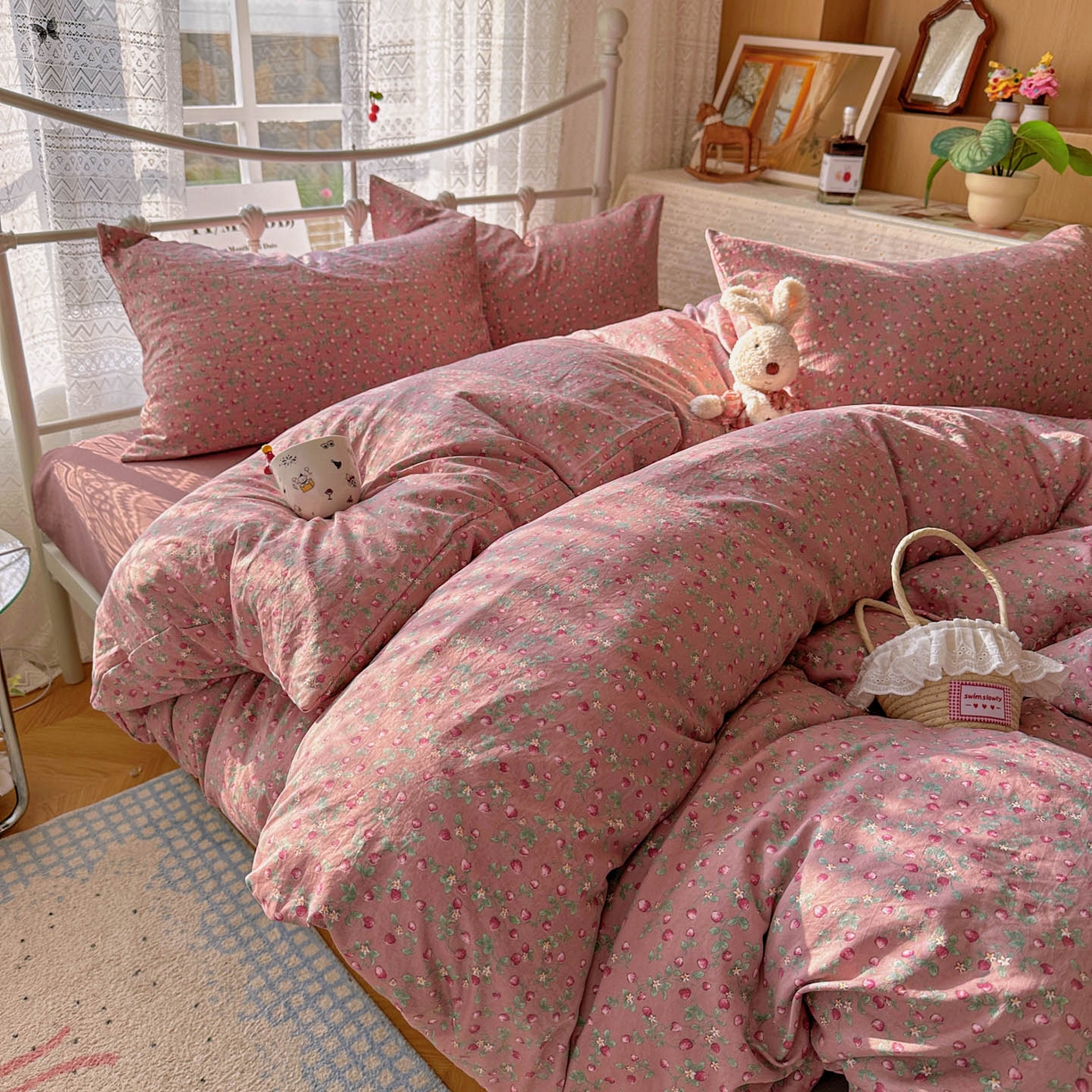 91家纺网 家纺一手货源 找家纺 暖芯优选 2025新款加厚爆款小布袋韩国古法水洗棉床单学生三件套床笠款四件套 红果