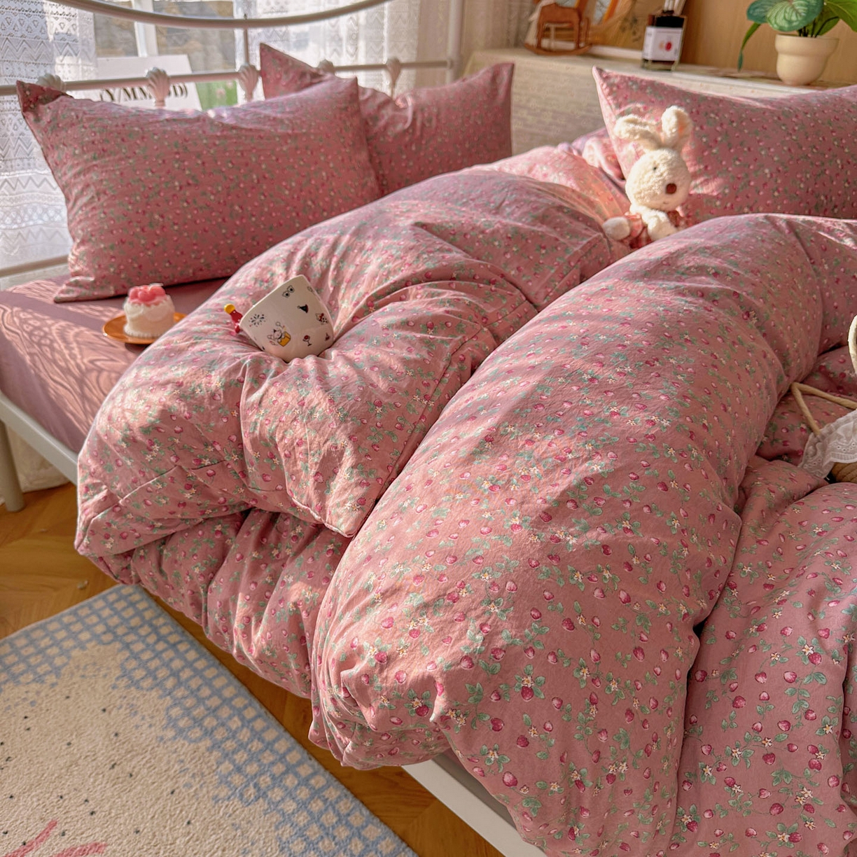 91家纺网 家纺一手货源 找家纺 暖芯优选 2025新款加厚爆款小布袋韩国古法水洗棉床单学生三件套床笠款四件套 红果