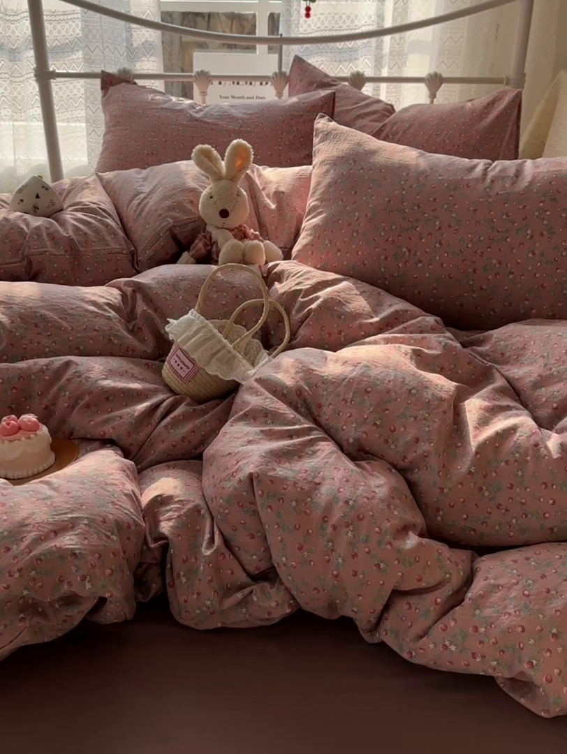 91家纺网 家纺一手货源 找家纺 暖芯优选 2025新款加厚爆款小布袋韩国古法水洗棉床单学生三件套床笠款四件套 红果