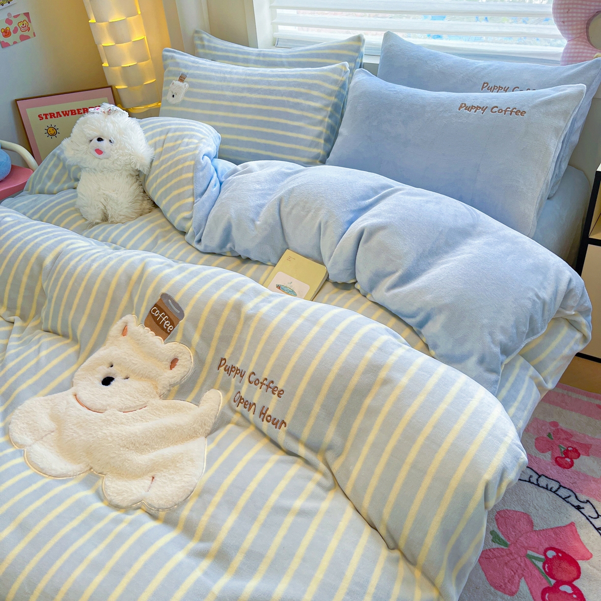 91家纺网 家纺一手货源 找家纺 如一 2025新款高克重卡通贴布绣牛奶绒四件套 咖啡狗