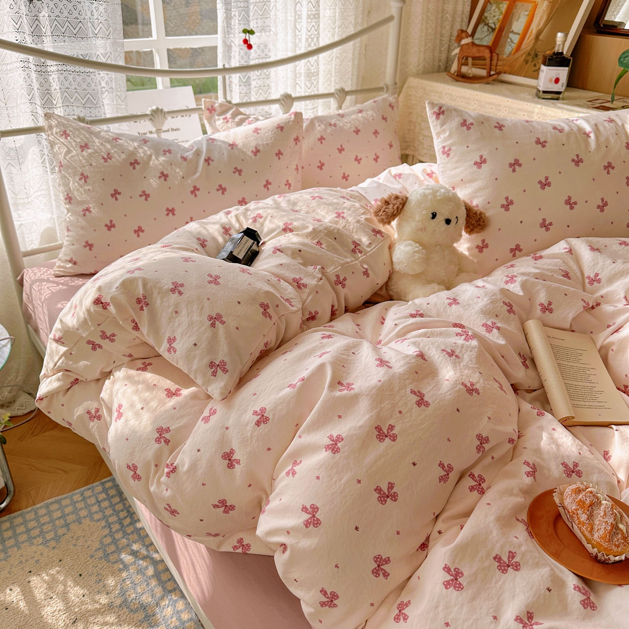 91家纺网 家纺一手货源 找家纺 暖芯优选 2025新款加厚爆款小布袋韩国古法水洗棉床单学生三件套床笠款四件套 蝴蝶结-黛粉