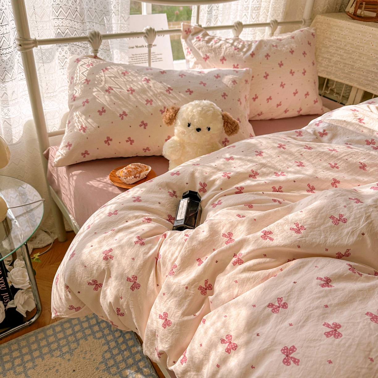 91家纺网 家纺一手货源 找家纺 暖芯优选 2025新款加厚爆款小布袋韩国古法水洗棉床单学生三件套床笠款四件套 蝴蝶结-黛粉