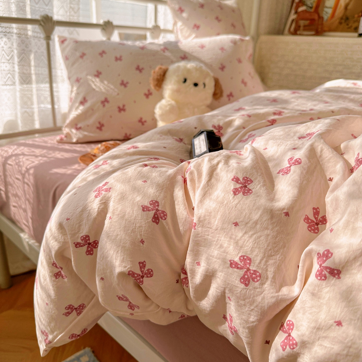 91家纺网 家纺一手货源 找家纺 暖芯优选 2025新款加厚爆款小布袋韩国古法水洗棉床单学生三件套床笠款四件套 蝴蝶结-黛粉