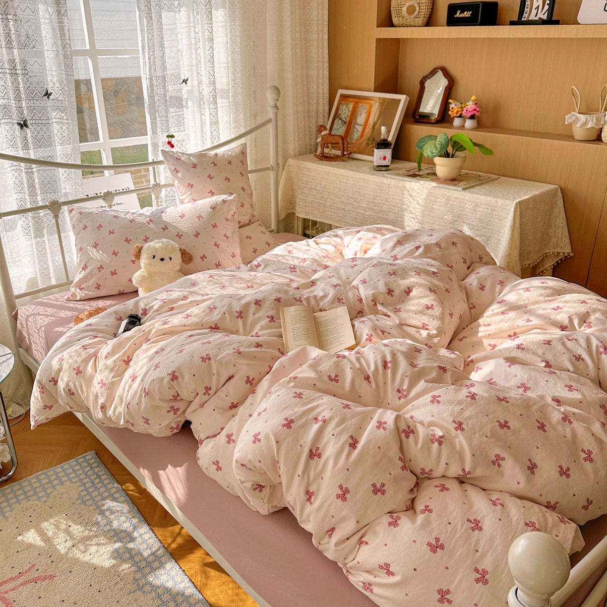 91家纺网 家纺一手货源 找家纺 暖芯优选 2025新款加厚爆款小布袋韩国古法水洗棉床单学生三件套床笠款四件套 蝴蝶结-黛粉