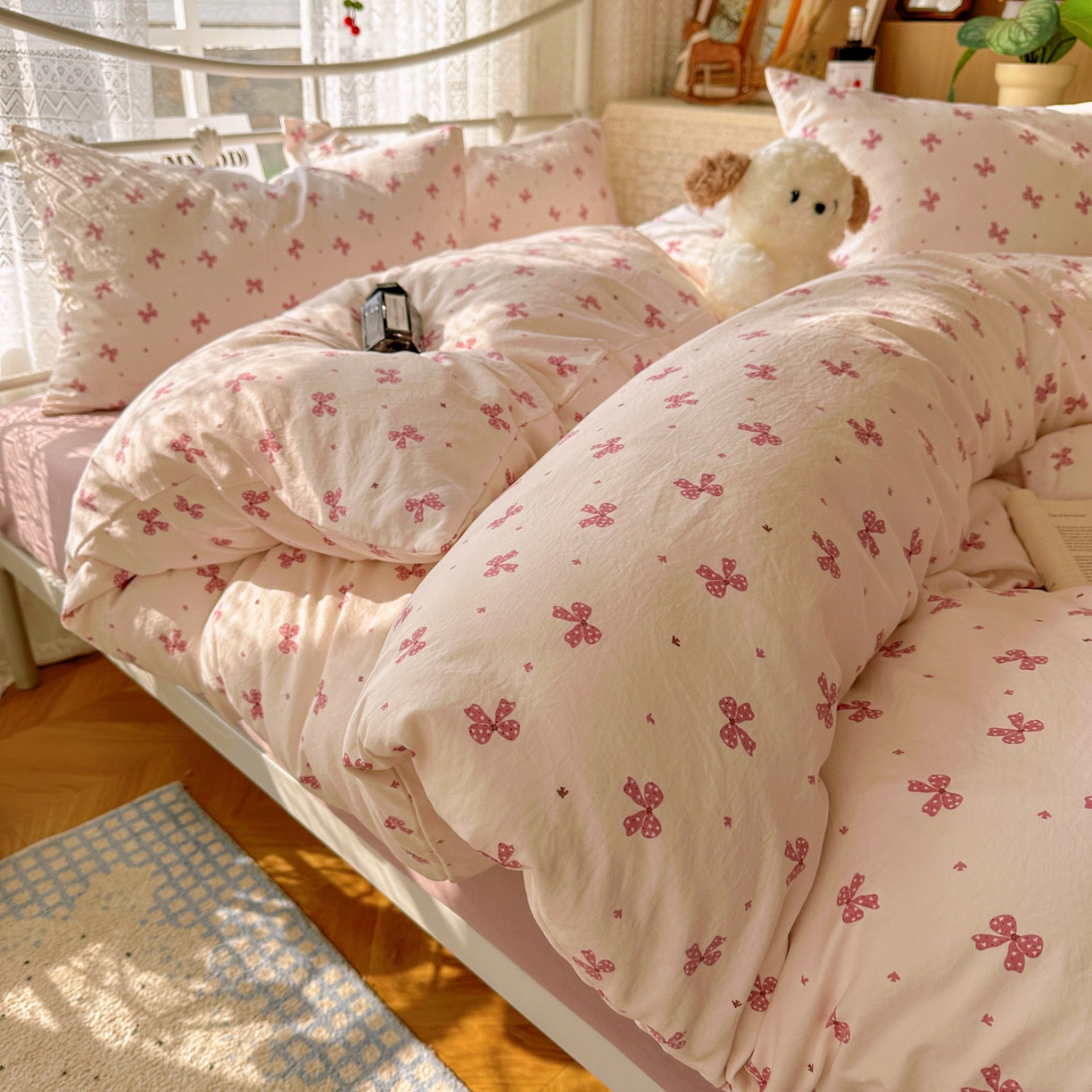 91家纺网 家纺一手货源 找家纺 暖芯优选 2025新款加厚爆款小布袋韩国古法水洗棉床单学生三件套床笠款四件套 蝴蝶结-黛粉