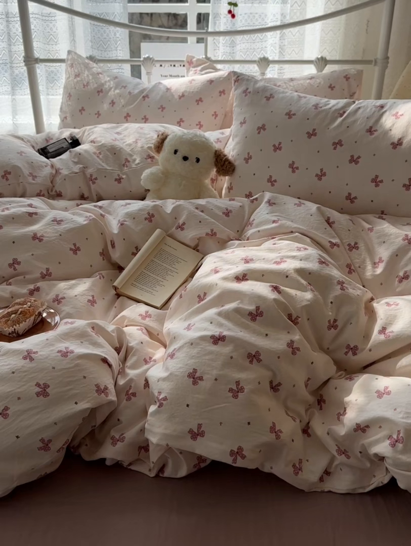 91家纺网 家纺一手货源 找家纺 暖芯优选 2025新款加厚爆款小布袋韩国古法水洗棉床单学生三件套床笠款四件套 蝴蝶结-黛粉