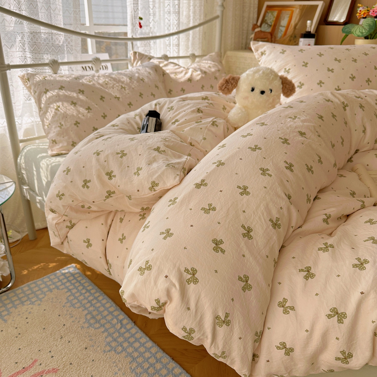 91家纺网 家纺一手货源 找家纺 暖芯优选 2025新款加厚爆款小布袋韩国古法水洗棉床单学生三件套床笠款四件套 蝴蝶结-米黄