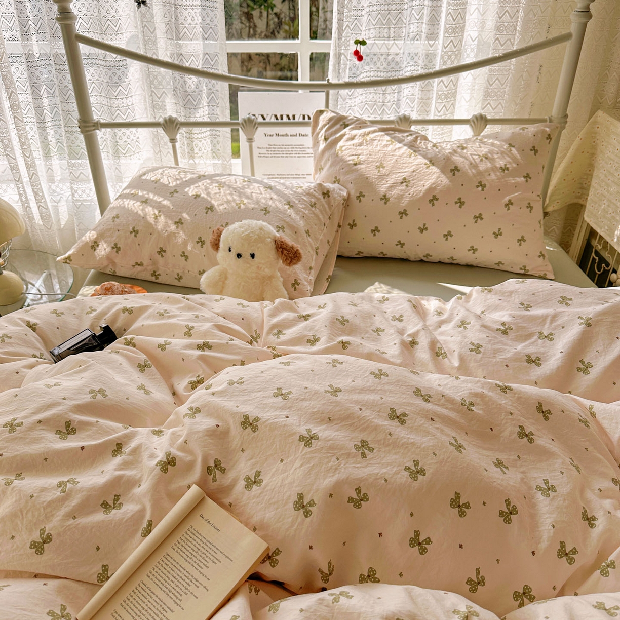 91家纺网 家纺一手货源 找家纺 暖芯优选 2025新款加厚爆款小布袋韩国古法水洗棉床单学生三件套床笠款四件套 蝴蝶结-米黄