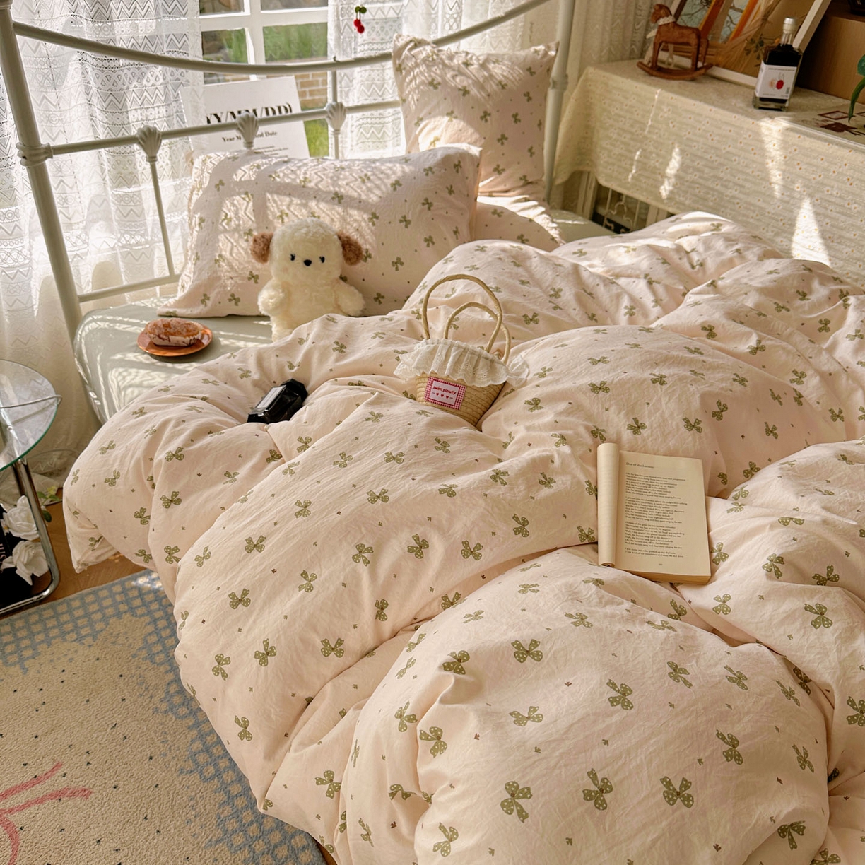 91家纺网 家纺一手货源 找家纺 暖芯优选 2025新款加厚爆款小布袋韩国古法水洗棉床单学生三件套床笠款四件套 蝴蝶结-米黄