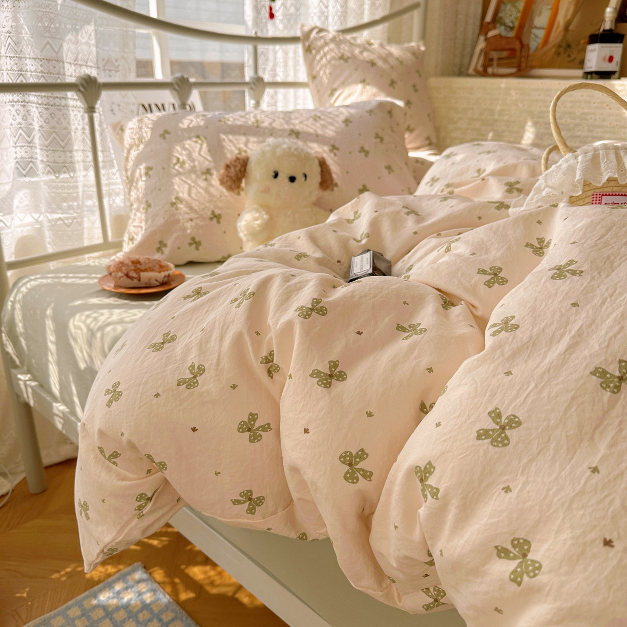 91家纺网 家纺一手货源 找家纺 暖芯优选 2025新款加厚爆款小布袋韩国古法水洗棉床单学生三件套床笠款四件套 蝴蝶结-米黄